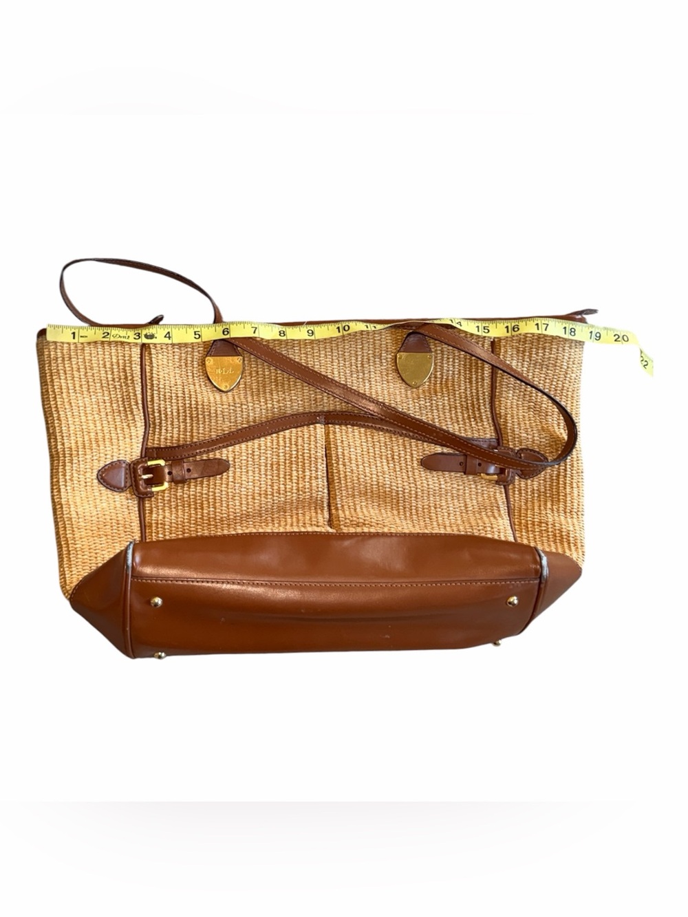 Lauren Ralph Lauren Straw Woven Tote Bag Brown Leather Trim Gold RL Logo Preowne - Picture 7 of 11